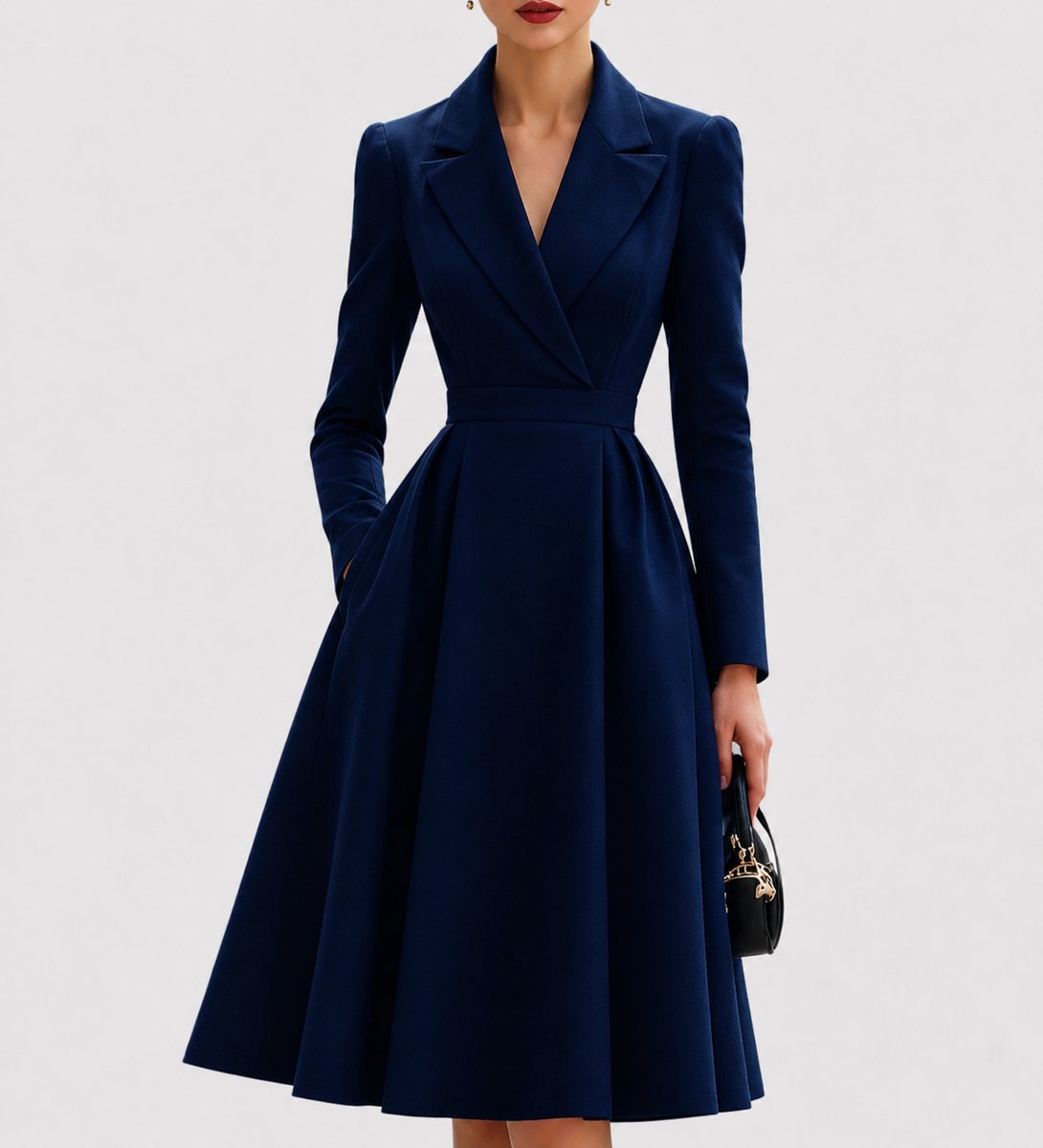 Robe Femme À Col À Revers Cranté Et Manches Longues | Idéale Pour Cérémonies Et Occasions Formelles