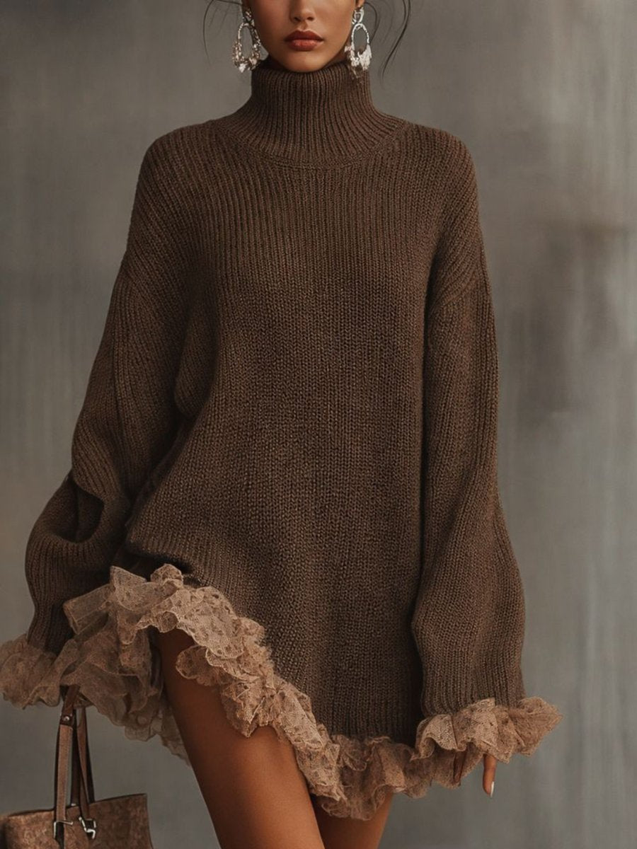 Robe pull femme à col roulé et volant en dentelle | Idéale pour l'automne et l'hiver