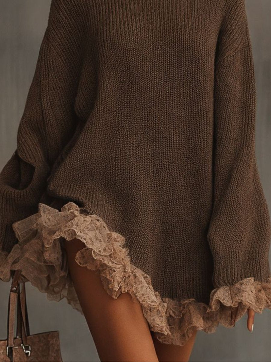 Robe pull femme à col roulé et volant en dentelle | Idéale pour l'automne et l'hiver