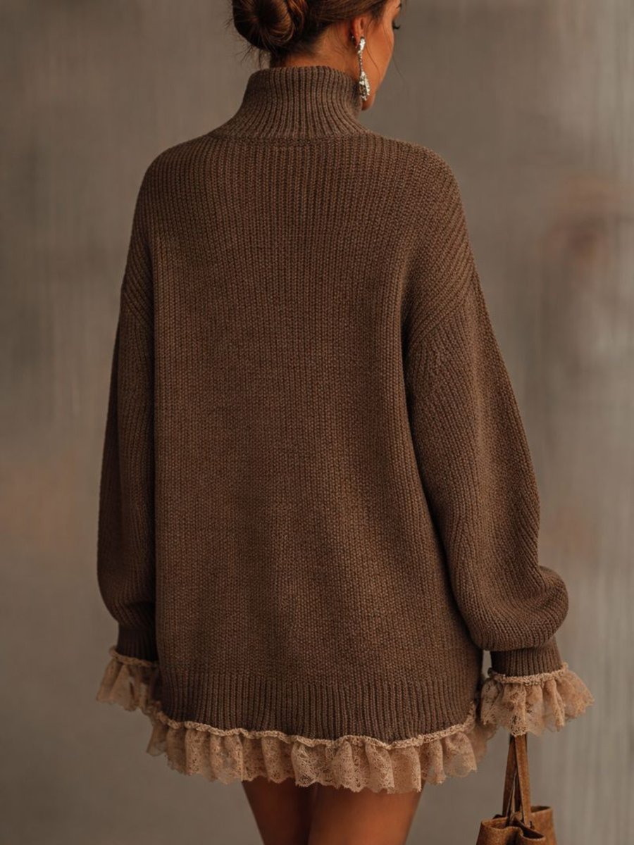 Robe pull femme à col roulé et volant en dentelle | Idéale pour l'automne et l'hiver