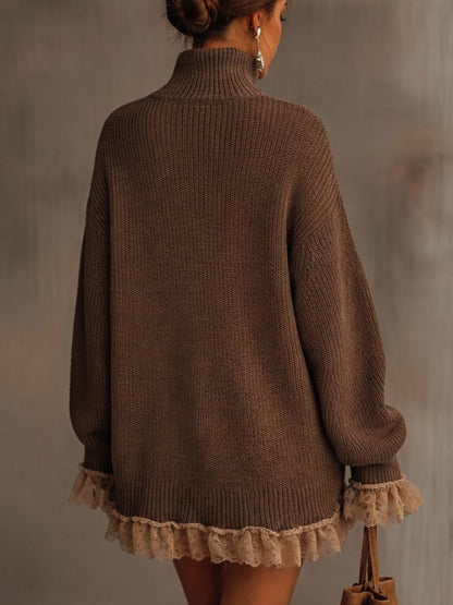 Robe pull femme à col roulé et volant en dentelle | Idéale pour l'automne et l'hiver