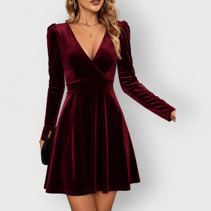 Robe Patineuse Femme Avec Col en V Croisé Et Manches Longues | Idéale Pour Les Soirées Et Les Occasions Festives