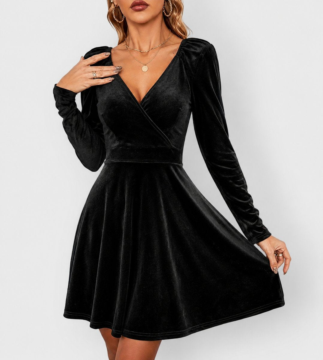 Robe Patineuse Femme Avec Col en V Croisé Et Manches Longues | Idéale Pour Les Soirées Et Les Occasions Festives